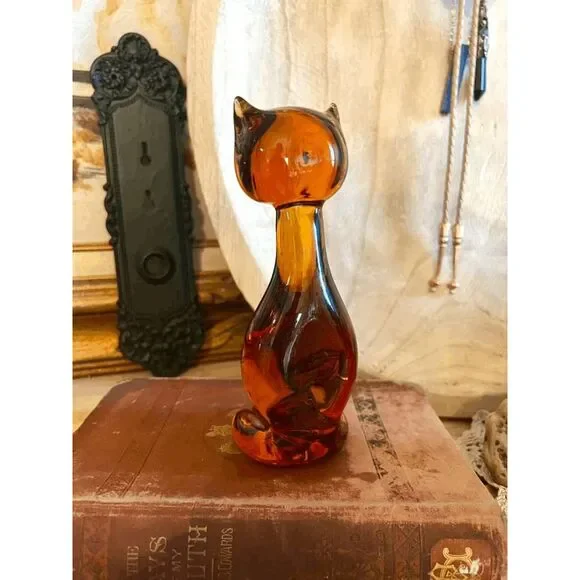 Vintage Viking Glass Amber Cat Figurine – MCM Paperweight – 1970s - Picture 3 of 5
